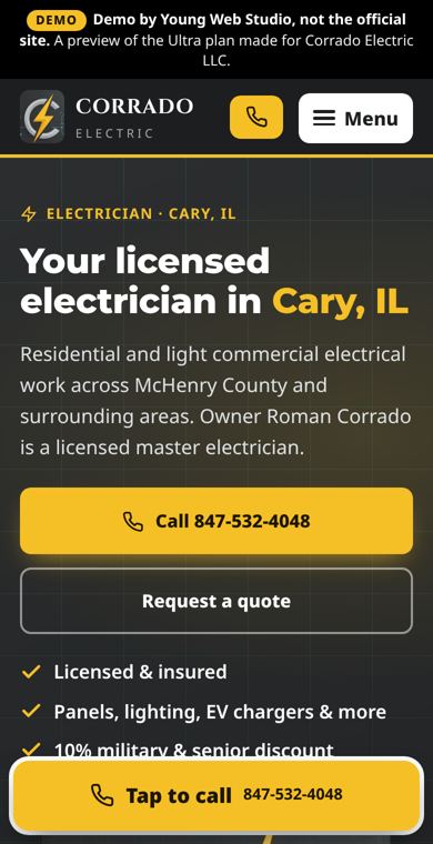 Phone screenshot of the Corrado Electric demo (Ultra layout)